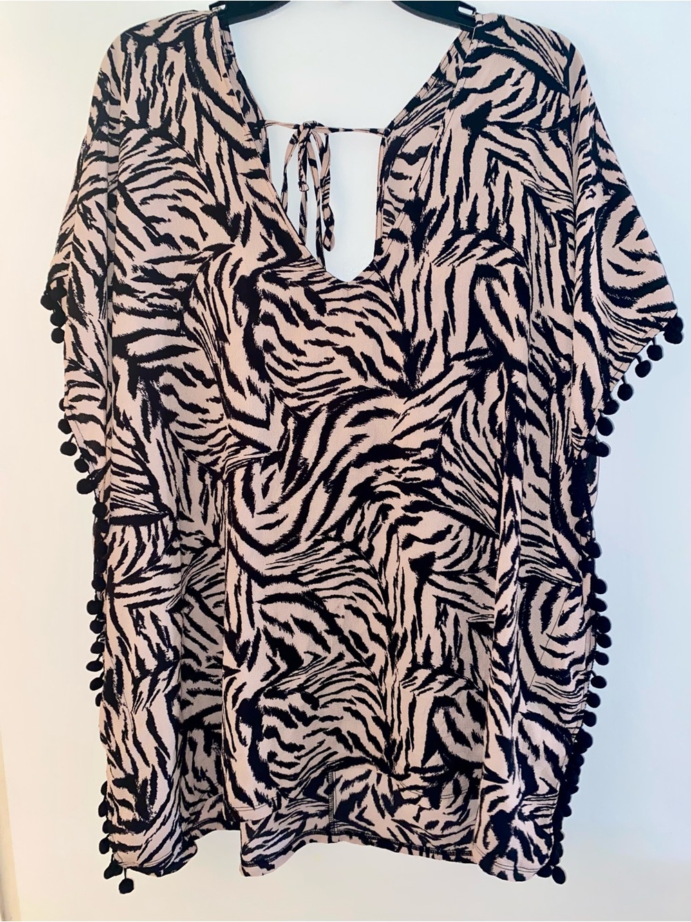 Black and Tan Zebra Print Pom Pom Beach Cover Up